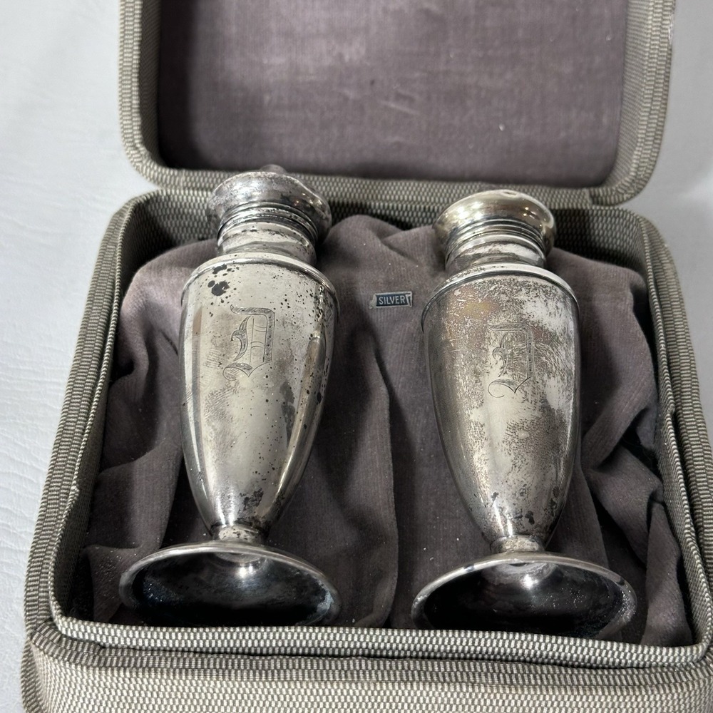 Antique Weidlich Sterling Silver Salt & Pepper Shakers Eagle W c.1900 w/ Case